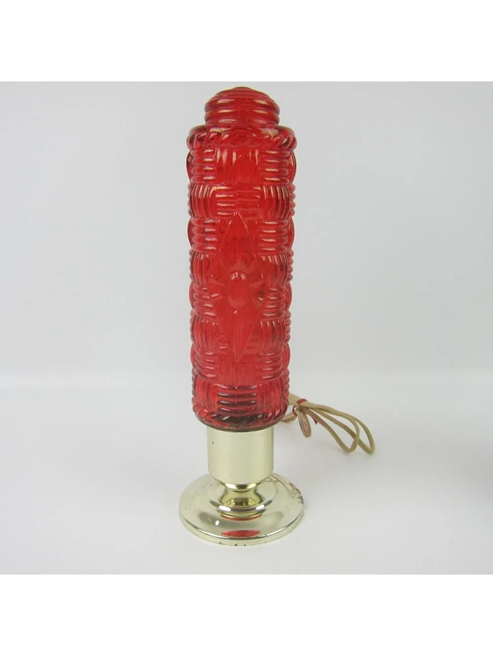 Vintage Torpedo Lamp Red Glass Basket Weave & Diamond Gold Base Art Deco WORKING
